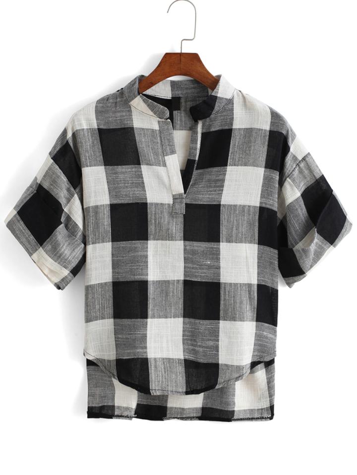 Romwe V Neck Dip Hem Plaid Black Blouse