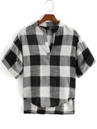 Romwe V Neck Dip Hem Plaid Black Blouse