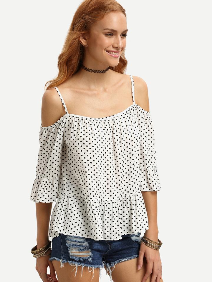 Romwe White Polka Dot Cold Shoulder Ruffle Blouse