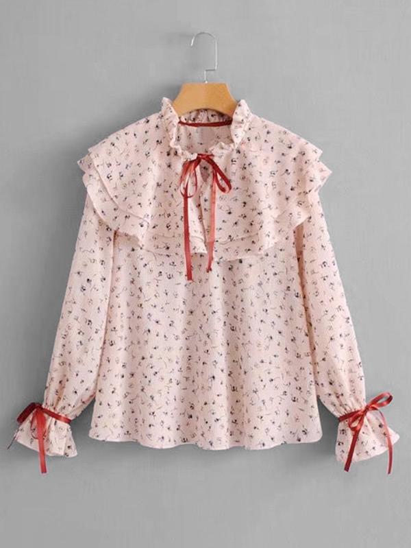Romwe Contrast Bow Tie Tiered Flounce Daisy Blouse