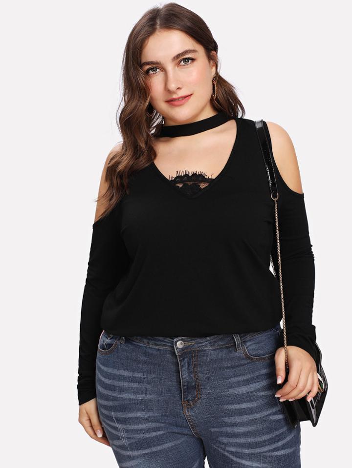 Romwe V Cut Neck Open Shoulder Tee