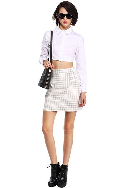 Romwe Check Print White Skirt