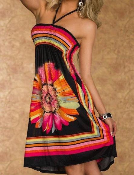 Romwe Halter Florals Shift Black Dress