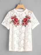 Romwe Rose Patch Floral Lace Tee