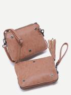 Romwe Khaki Pu Tassel Trim Docking Button 2pcs Bag Set