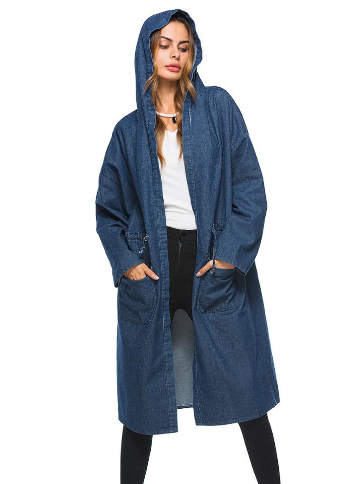 Romwe Drop Shoulder Drawstring Hooded Denim Coat