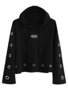 Romwe Black Embroidered Patch Metal Eyelet Hooded Sweatshirt