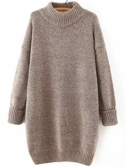 Romwe Polo Neck Dropped Shoulder Seam Khaki Sweater Dress