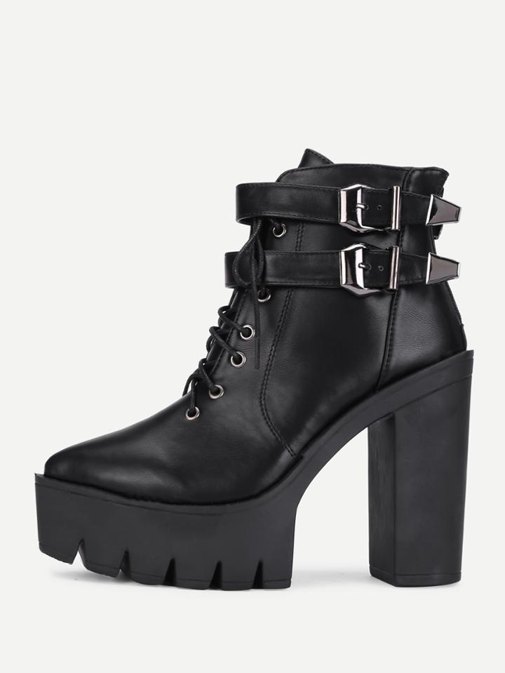 Romwe Double Buckle Strap Detail Lace Up Boots