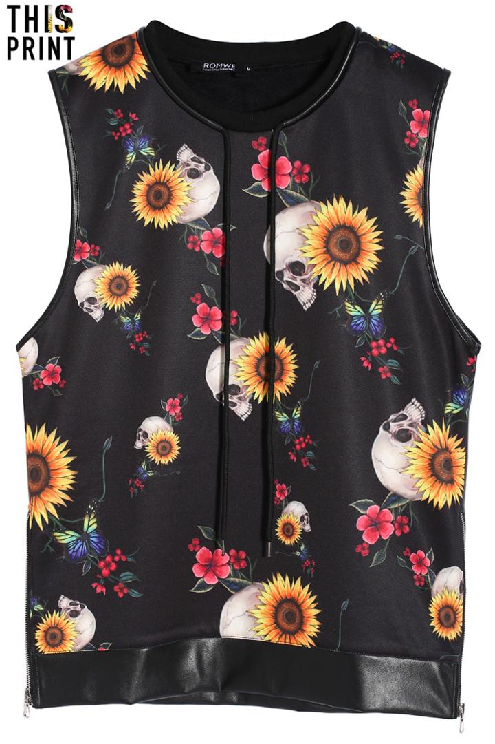 Romwe Romwe Sunflower Skull Black Tank Top