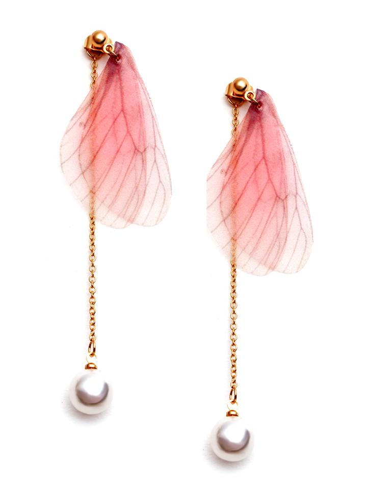 Romwe Pink Butterfly Wing Faux Pearl Drop Earrings