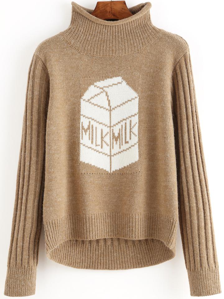 Romwe Khaki High Neck Milk Dip Hem Sweater