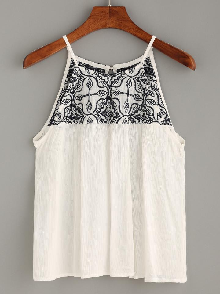 Romwe White Keyhole Back Embroidered Cami Top