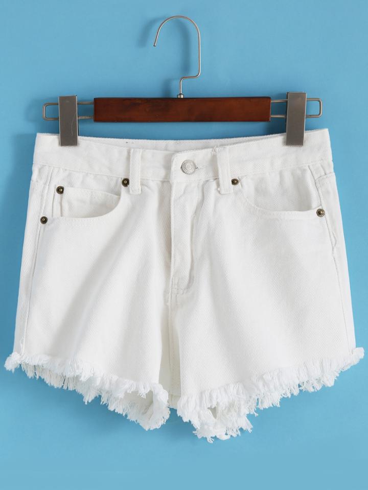 Romwe Fringe Denim White Shorts