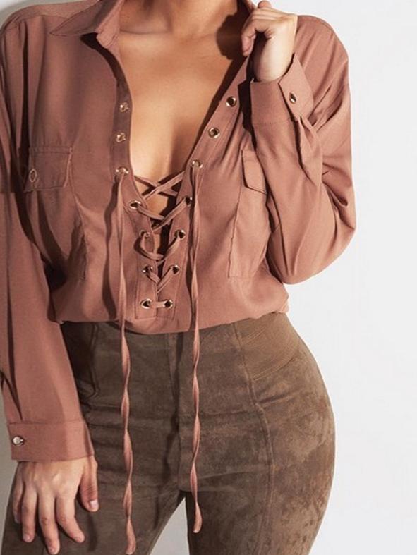 Romwe Lace Up Eyelet Sexy Brown Blouse