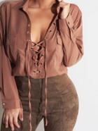 Romwe Lace Up Eyelet Sexy Brown Blouse