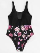 Romwe Flower Print Plunge Swimsuit