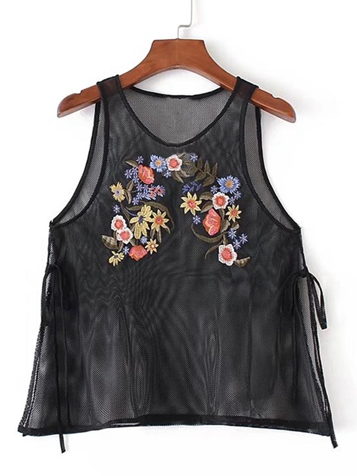 Romwe Embroidery Lace Up Side Mesh Tank Top