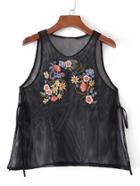 Romwe Embroidery Lace Up Side Mesh Tank Top