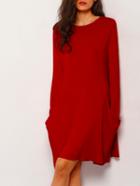 Romwe Red Long Sleeve Pockets Casual Dress