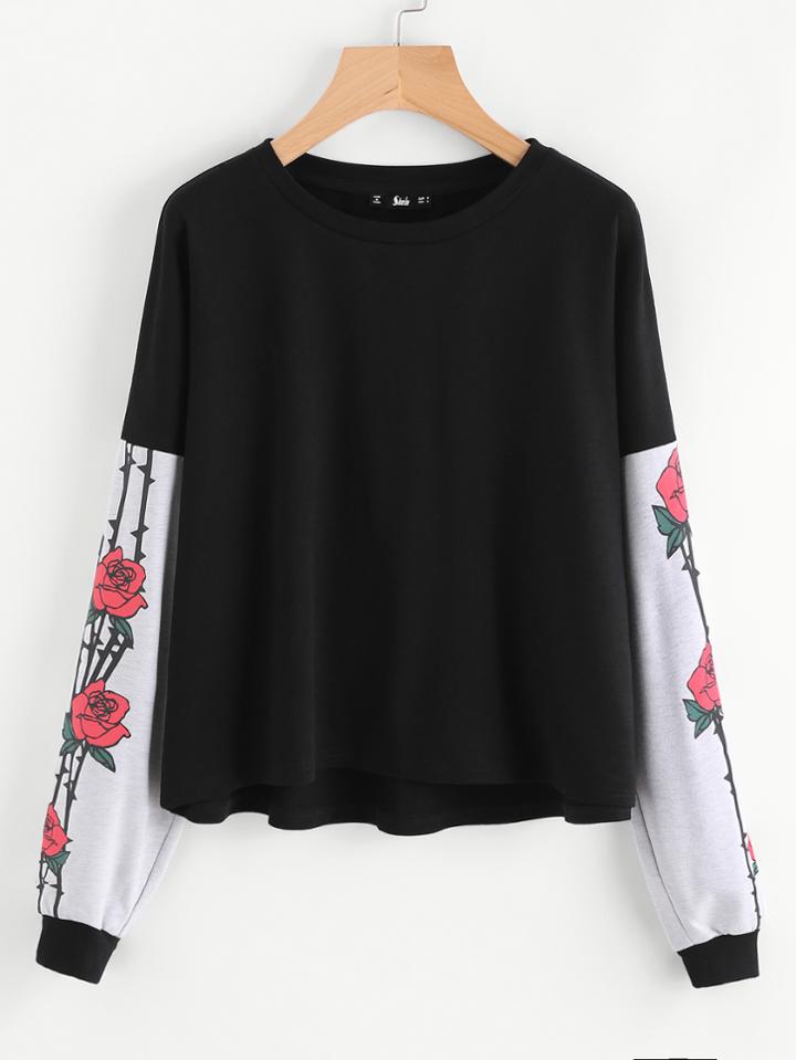 Romwe Contrast Flower Print Sleeve Sweatshirt
