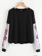 Romwe Contrast Flower Print Sleeve Sweatshirt