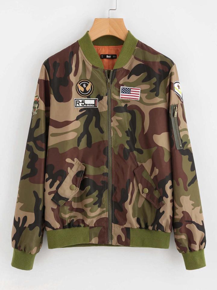 Romwe Patch Detail Camo Bomber Jacket