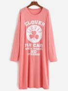 Romwe Pink Clover And Letter Print Drop Shoulder Tee Dress