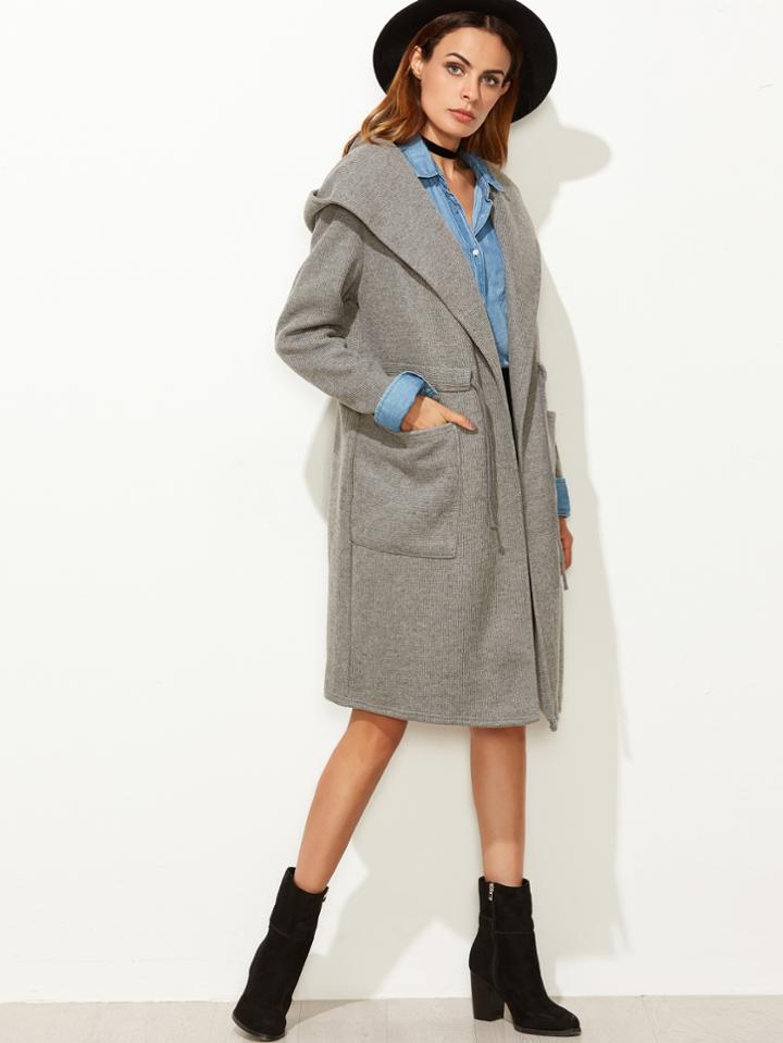 Romwe Grey Pom Pom Embellished Drawstring Hooded Pocket Coat