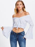 Romwe Off Shoulder Fluted Sleeve Pinstriped Knot Front Top
