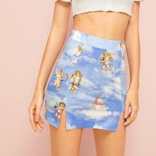 Romwe Angle Print Split Skirt