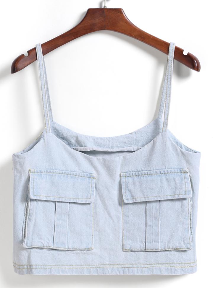 Romwe Spaghetti Strap With Pocket Denim Pale Blue Cami Top