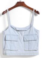 Romwe Spaghetti Strap With Pocket Denim Pale Blue Cami Top