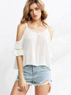 Romwe White Lace Insert Cold Shoulder Ruffle Top