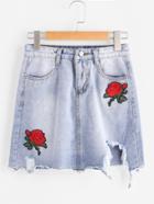 Romwe Embroidered Ripped Bleach Wash Denim Skirt