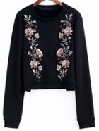 Romwe Black Flower Embroided Long Sleeve Sweatshirt