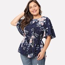 Romwe Plus Split Sleeve Self Tie Waist Blouse