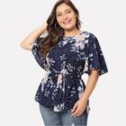 Romwe Plus Split Sleeve Self Tie Waist Blouse