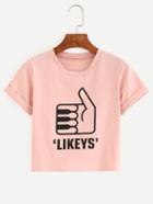 Romwe Thumbs Up Print Crop T-shirt - Pink