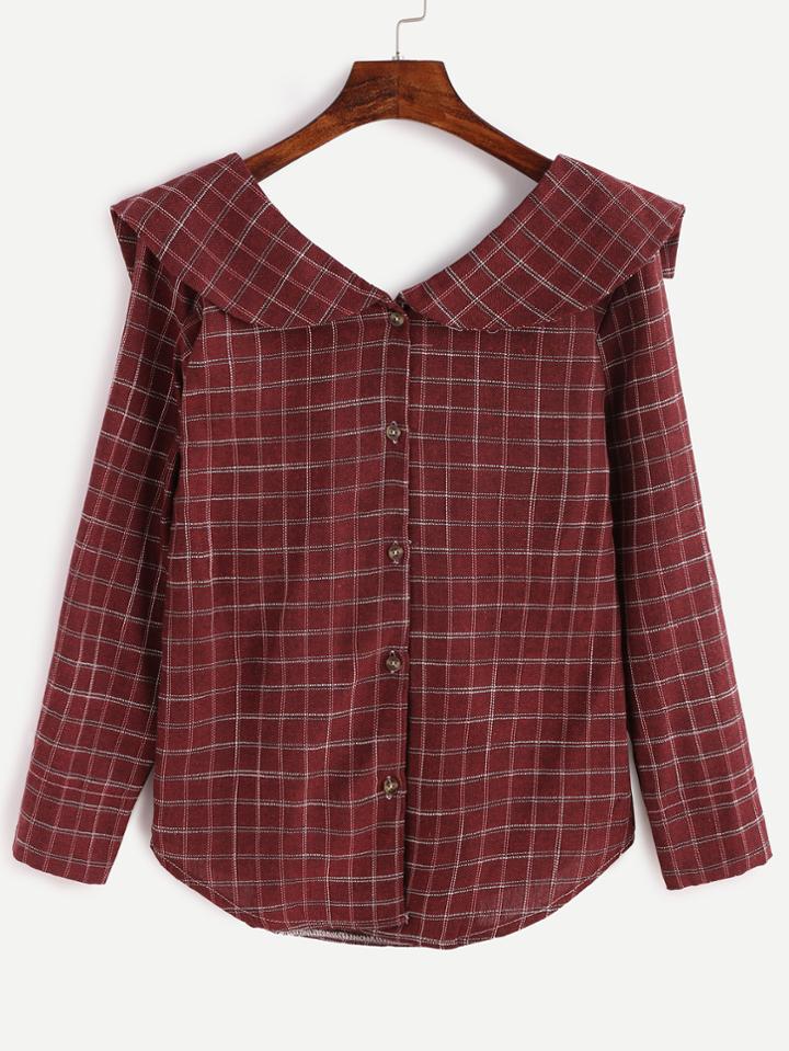 Romwe Doll Collar Grid Shirred Back Button Blouse