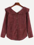 Romwe Doll Collar Grid Shirred Back Button Blouse