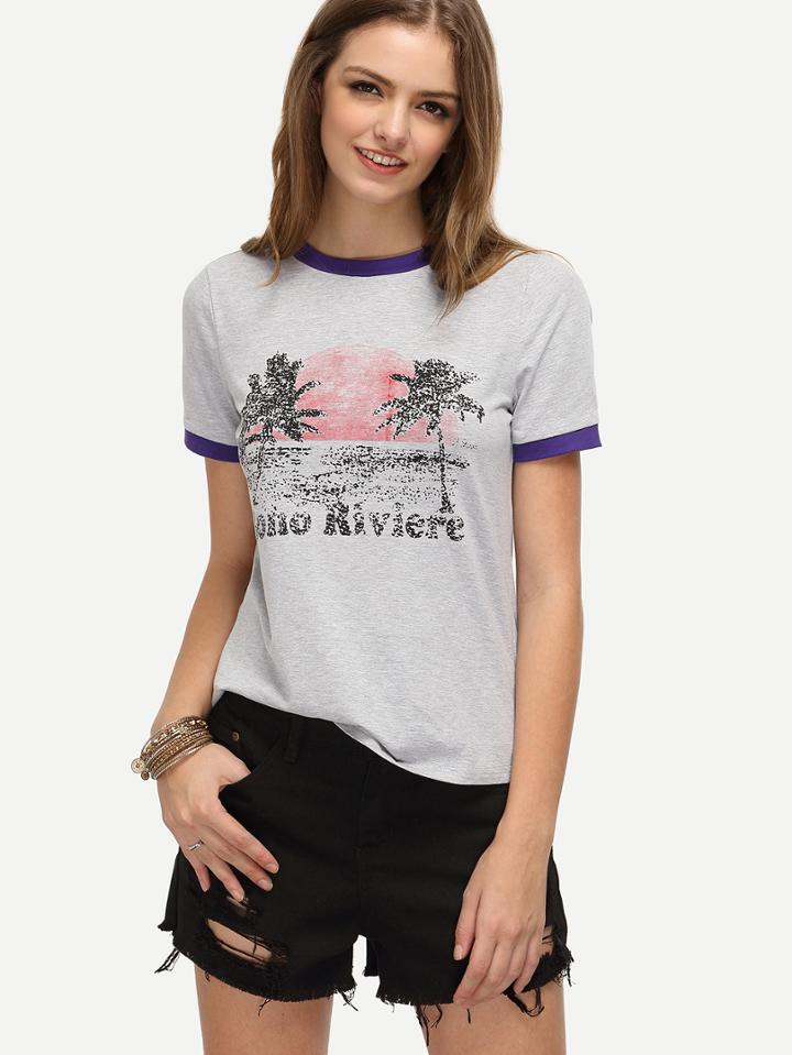 Romwe Grey Print Short Sleeve T-shirt