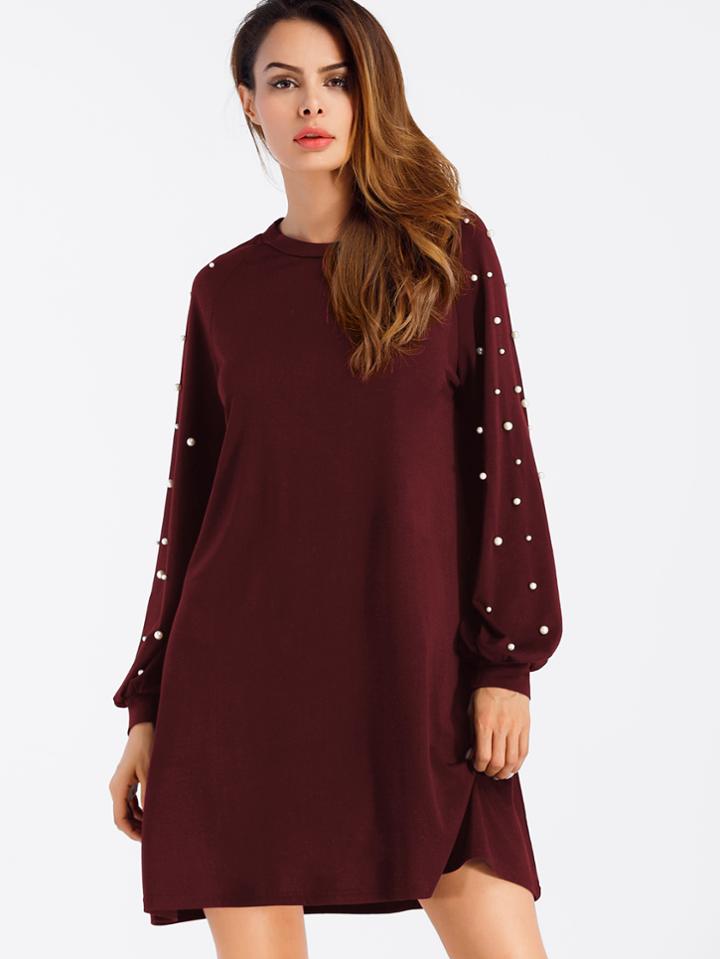 Romwe Pearl Beaded Raglan Sweatshirt Dress
