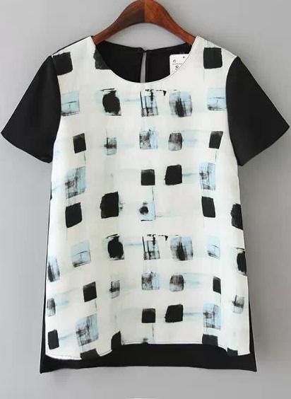 Romwe Black White Short Sleeve Graffiti Print T-shirt