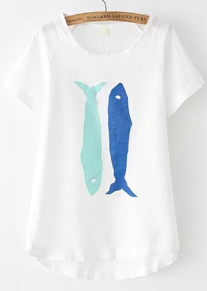Romwe Dip Hem Fish Print T-shirt