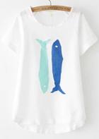 Romwe Dip Hem Fish Print T-shirt