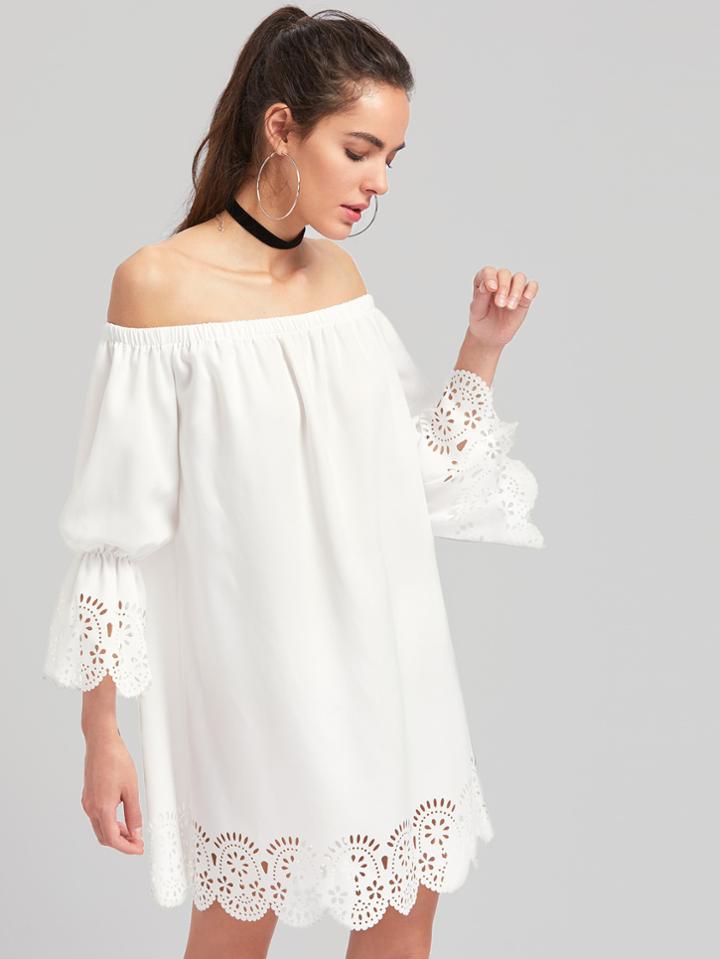 Romwe Elasticized Sleeve Scalloped Laser Cut Bardot Dress