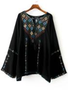 Romwe Black Embroidery Slit Sleeve Tie Blouse