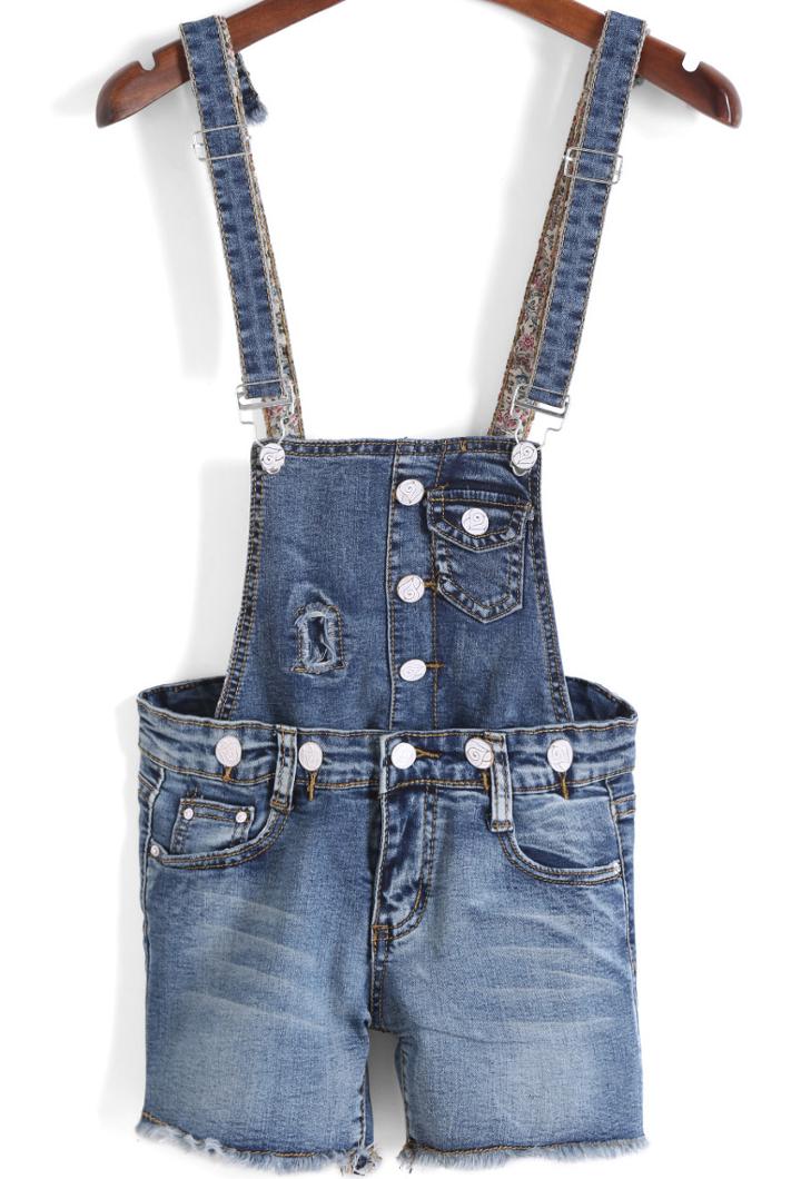 Romwe Strap Buttons Fringe Denim Jumpsuit