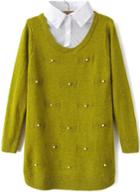 Romwe Contrast Collar Bead Bow Green Sweater